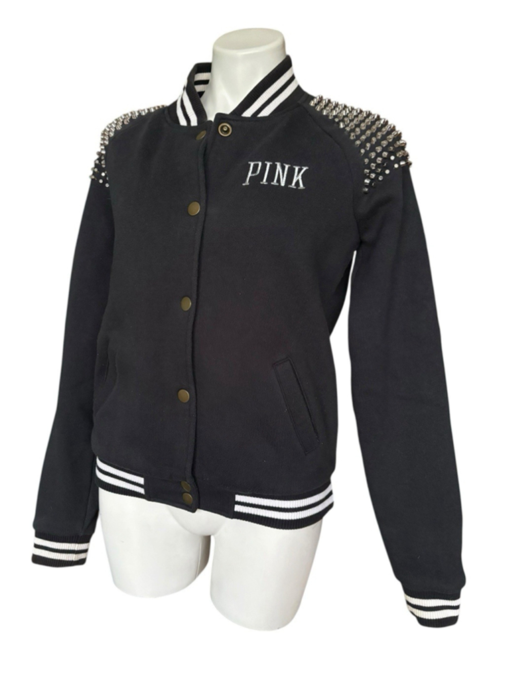 PINK Victoria Secret Black Studded Varsity Bomber Jacket Small Coat - Picture 1 of 11